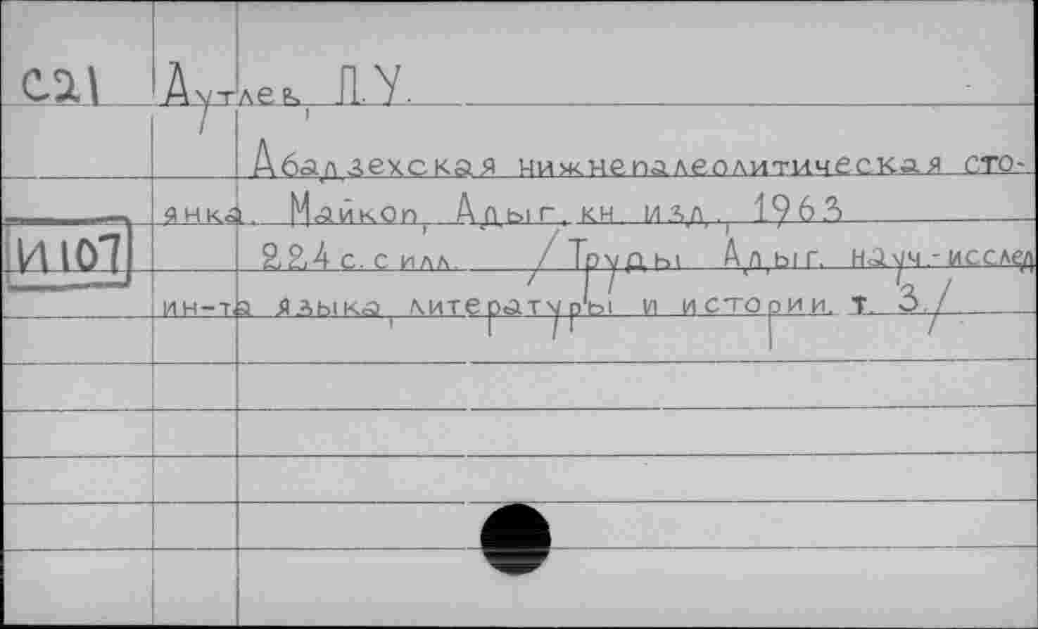 ﻿С2.1			Ачт	лек Л. У.
			/	1 Абал лехская нижнє палеолитическая сто-.
			ЯНКо	МАЙКОП А п ы г, кн илл . 19 6 Л
ИЮЛ				2,2,4с. С ИЛЛ	/Труды Алыг. науч-ИССЛ^)
				
			ин-т.	
—				э Яльїка , литературьі и истории, Q /	
				
				
				
				
				